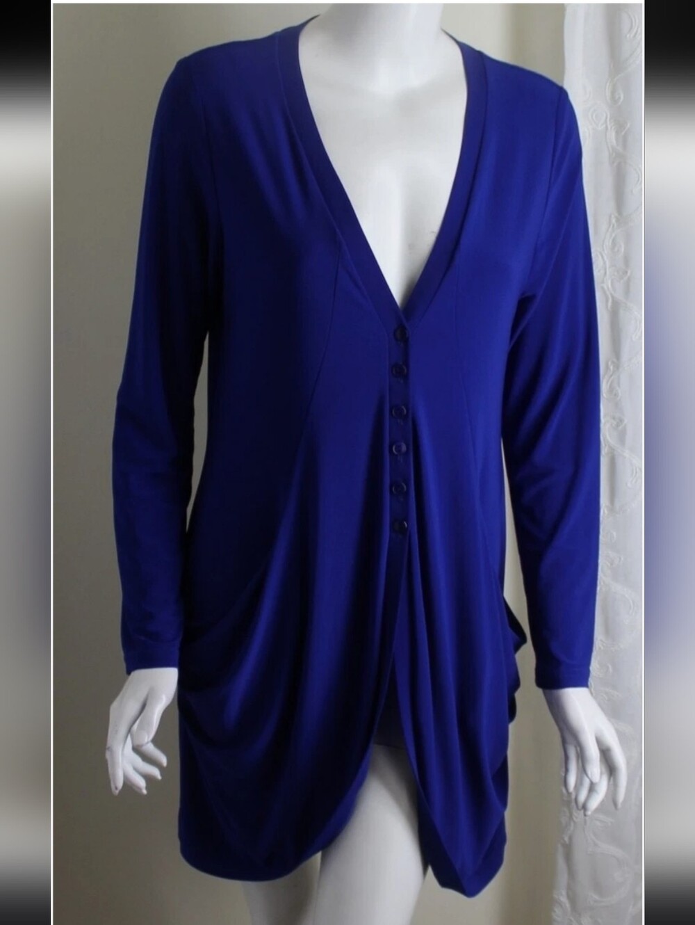 Joseph Ribkoff US 8 Blue Sapphire Liquid Knit Gorgeous Drape Tunic Jacket Top M